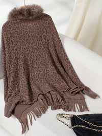 Fringe Leopard Open Front Long Sleeve Poncho