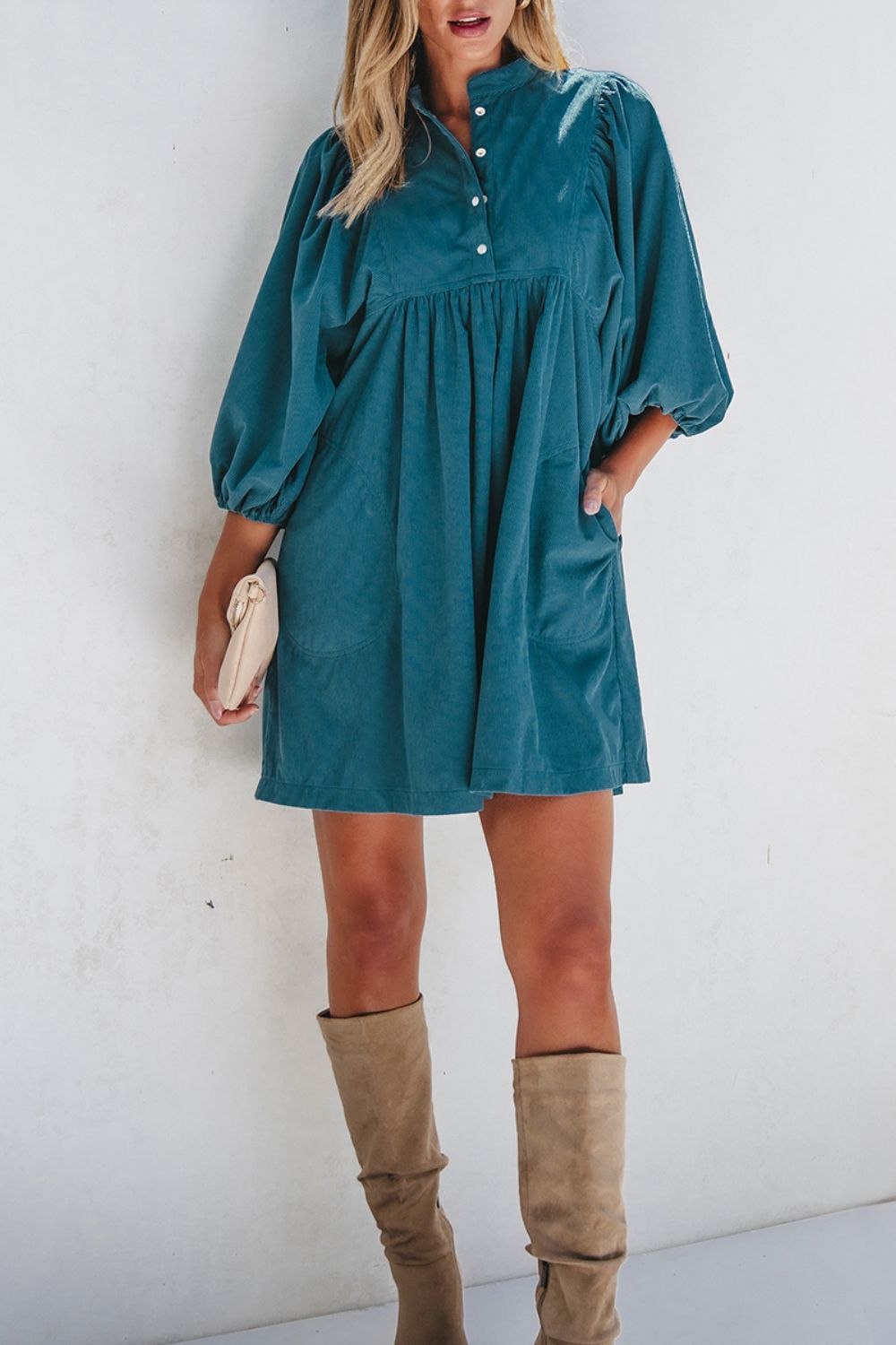 Hazel Blues® |  Corduroy Quarter Snap Three-Quarter Sleeve Dress