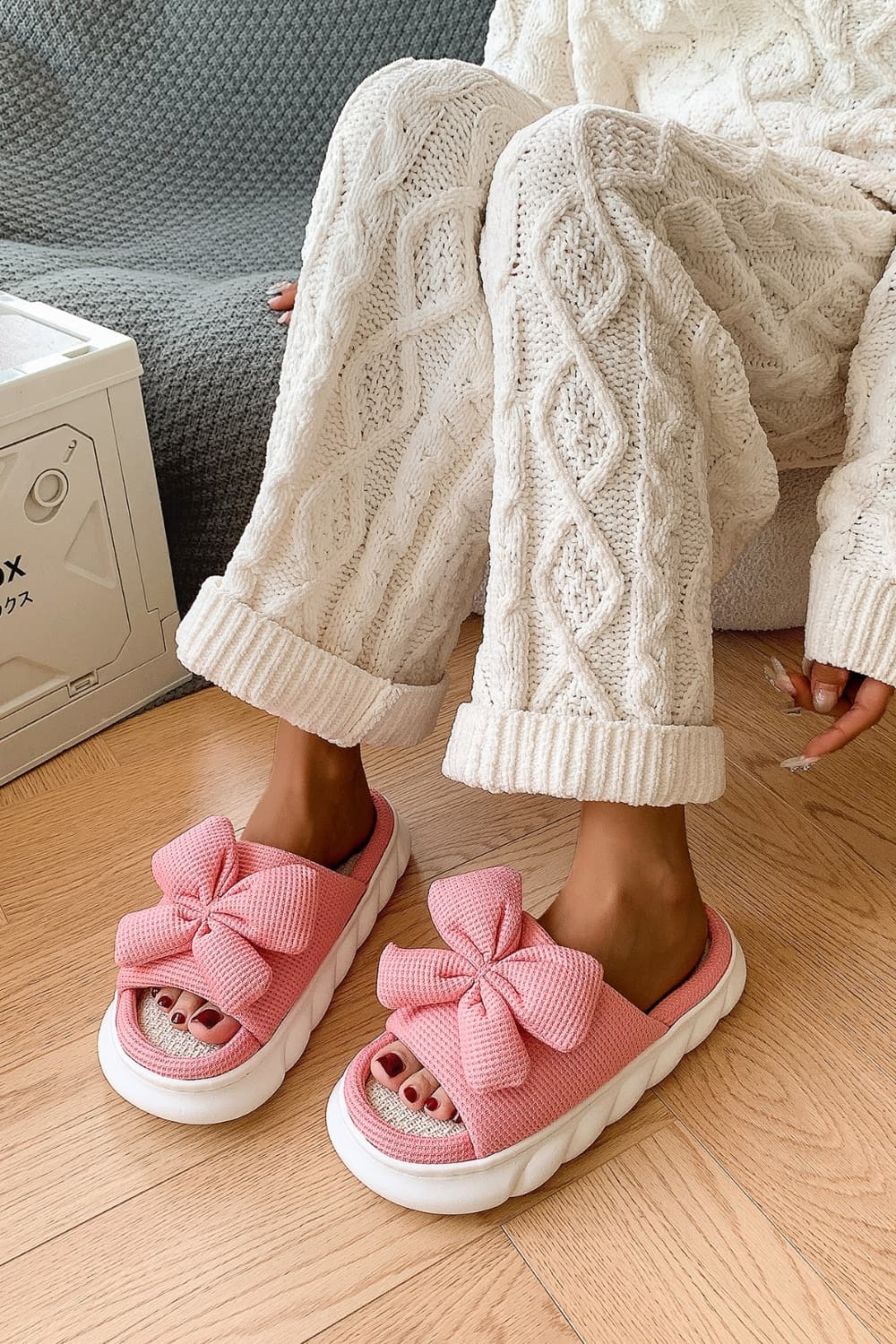 Hazel Blues® |  Bow Waffle-Knit Platform Slippers