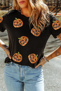 Hazel Blues® |  Sequin Pumpkin Round Neck Short Sleeve T-Shirt