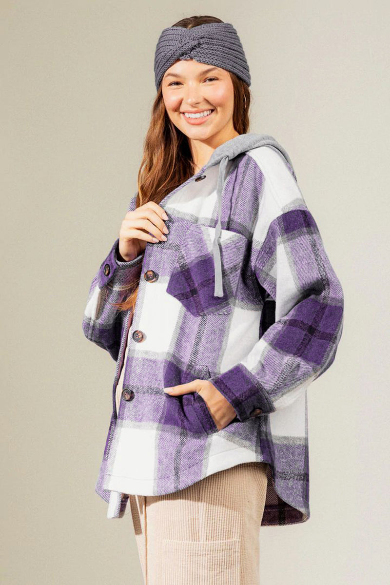 Hazel Blues® |  Drawstring Plaid Dropped Shoulder Hooded Shacket