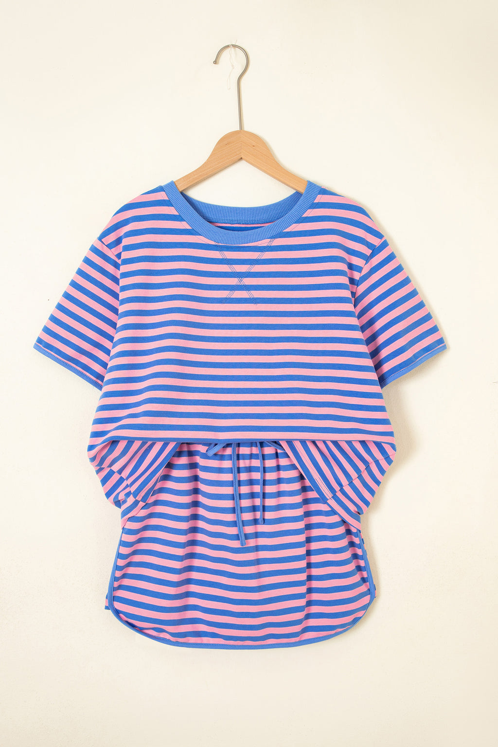 Elise Wren Blue Stripe Relaxed Short-Sleeve Top Elastic Waist Drawstring Skort 2-Piece Set