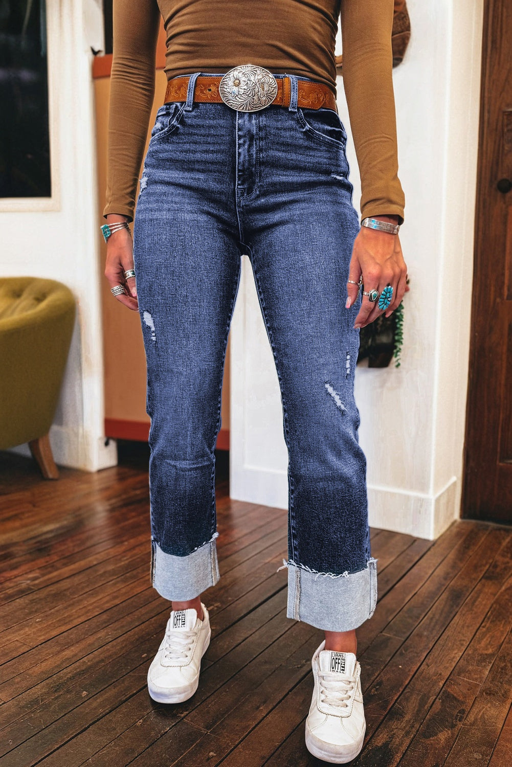 Hazel Blues® |  Real Teal Folded Cuffs Distressed Straight High Waist Jeans