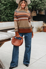 Hazel Blues® |  Khaki Aztec Print Colorblock Crew Neck Sweater