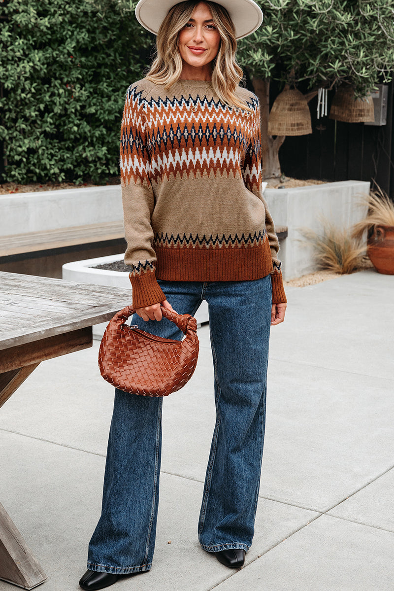 Hazel Blues® |  Khaki Aztec Print Colorblock Crew Neck Sweater