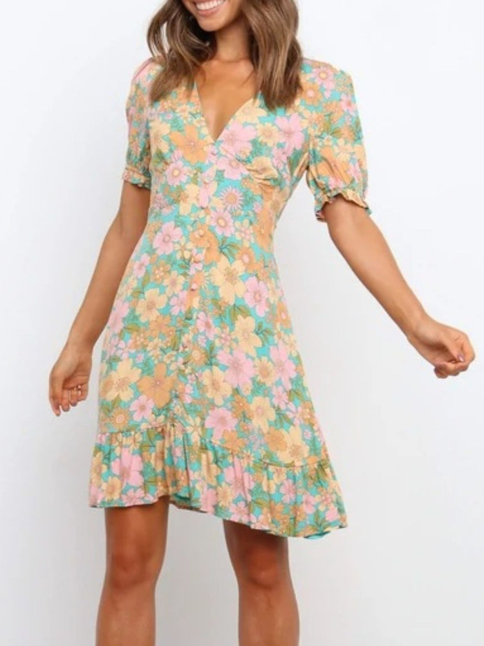 Hazel Blues® |  Ruffled Hem Printed Short Sleeve Mini Dress