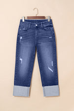 Hazel Blues® |  Real Teal Folded Cuffs Distressed Straight High Waist Jeans