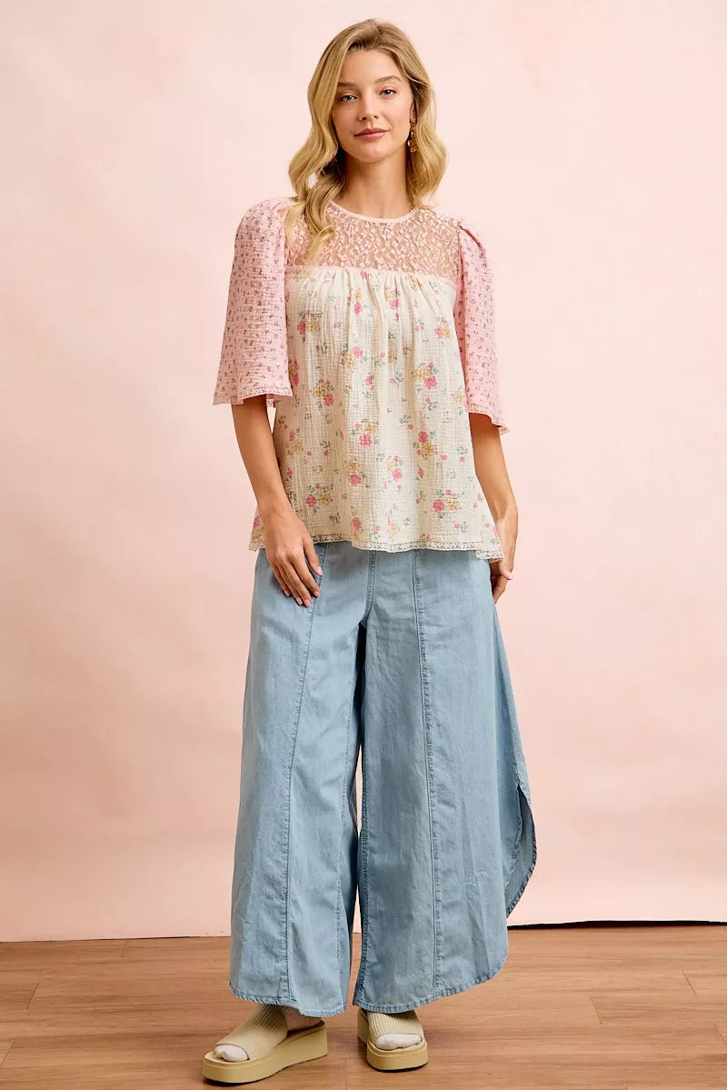 【正規品】Bibiy. BEMILY FLOWER BLOUSE♡ Bibi Crinkle Floral Gauze Mix And Matched Blouse Top | Floral
