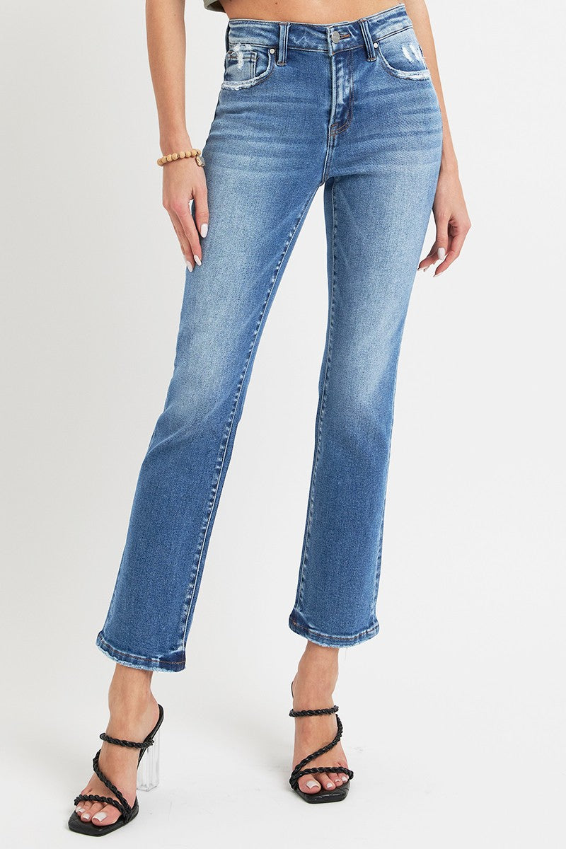 Hazel Blues® |  RISEN Mid Rise Ankle Straight Jeans with Pockets