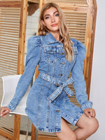 Hazel Blues® |  Tied Button Up Collared Neck Denim Dress