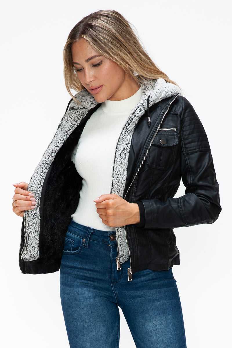 Hazel Blues® |  YMI Removable Faux Layered Multi-Pocket Jacket with Fuzzy Hood