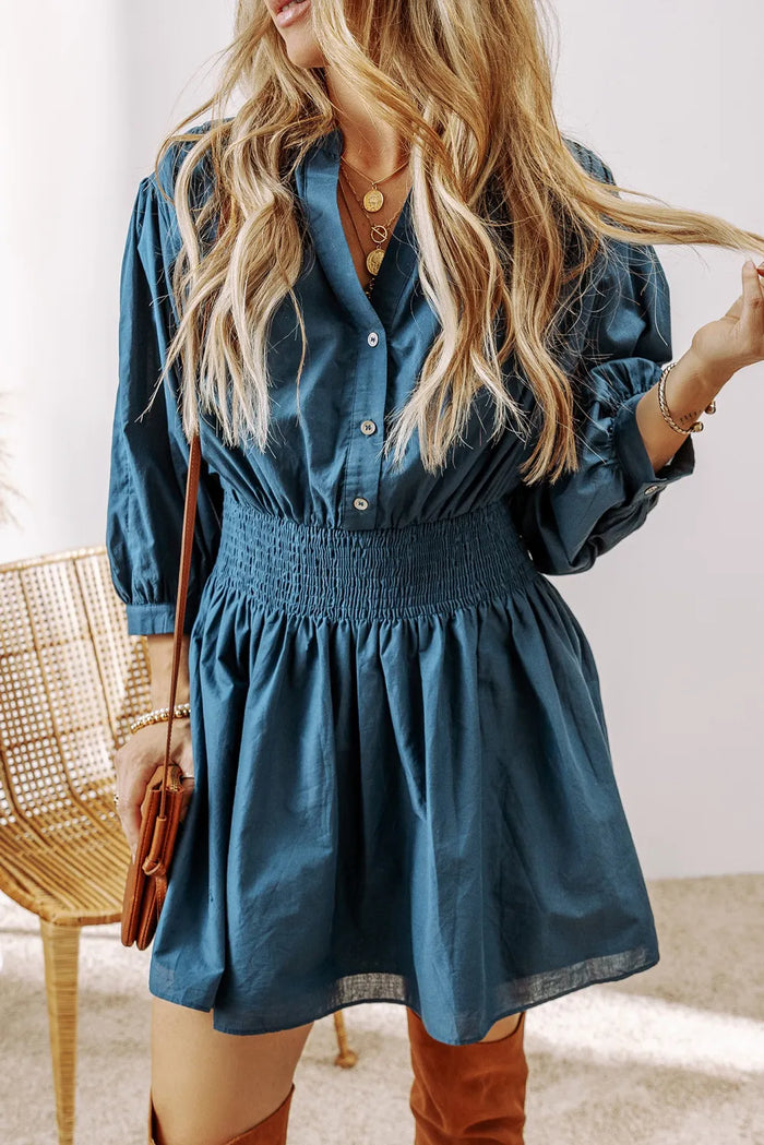 Hazel Blues® |  Smocked Half Button Three-Quarter Sleeve Mini Dress