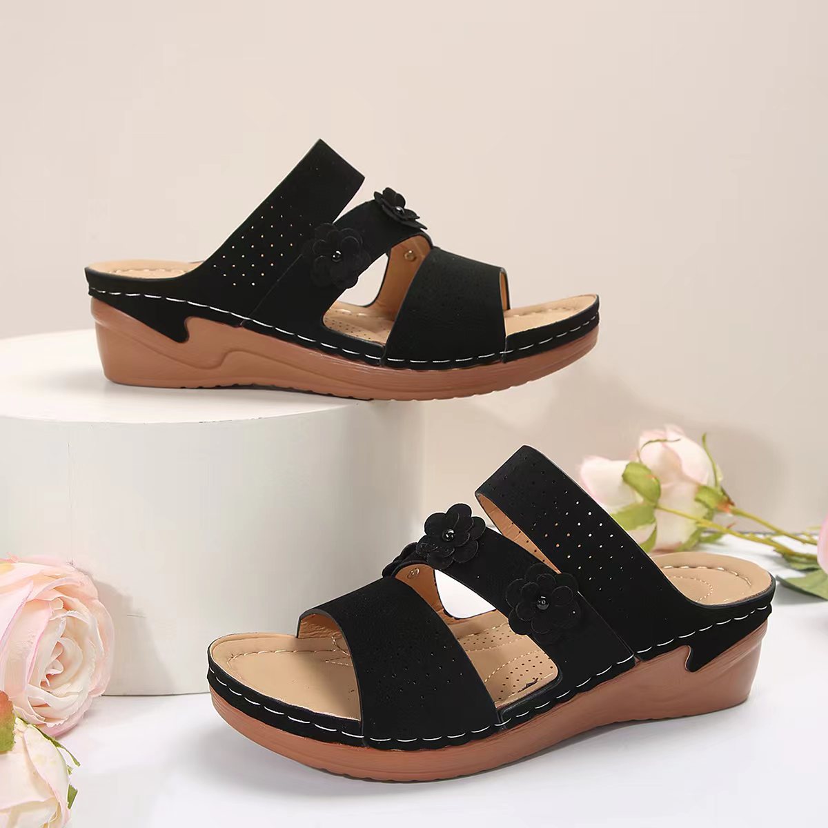 Hazel Blues® |  Flower PU Leather Wedge Sandals