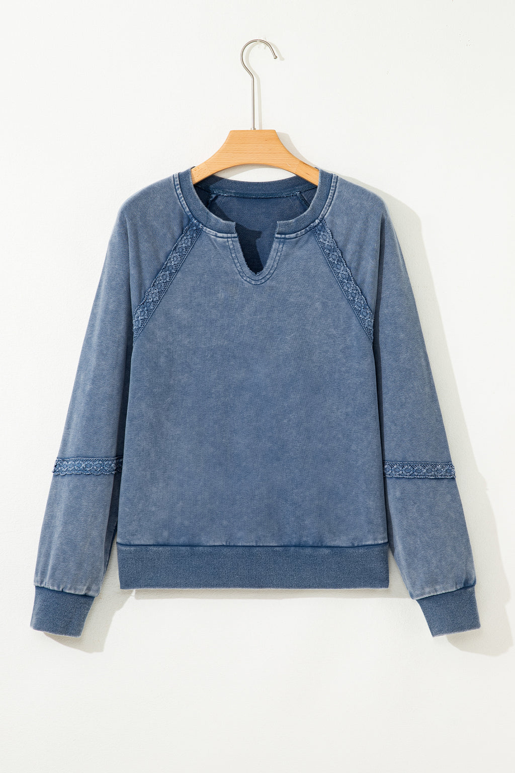 Hazel Jean Sail Blue Lace Patchwork Detail Notched Neck Mineral Wash Baggy Sweatshirt