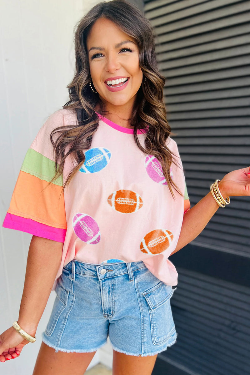 Hazel Blues® |  Pink Football Chenille Embroidered Color Block Half Sleeve T Shirt