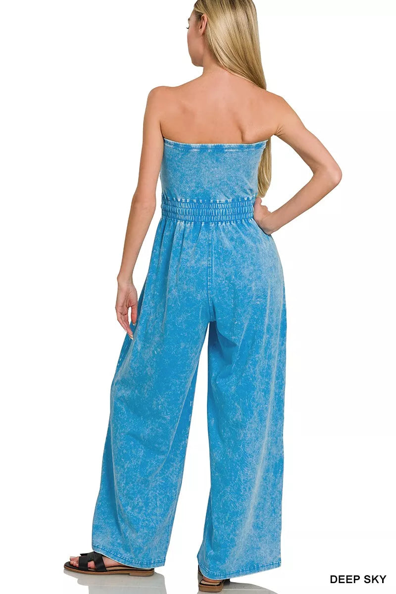 Hazel Blues® | Zenana Acid Washed Strapless Tube Top Jumpsuit