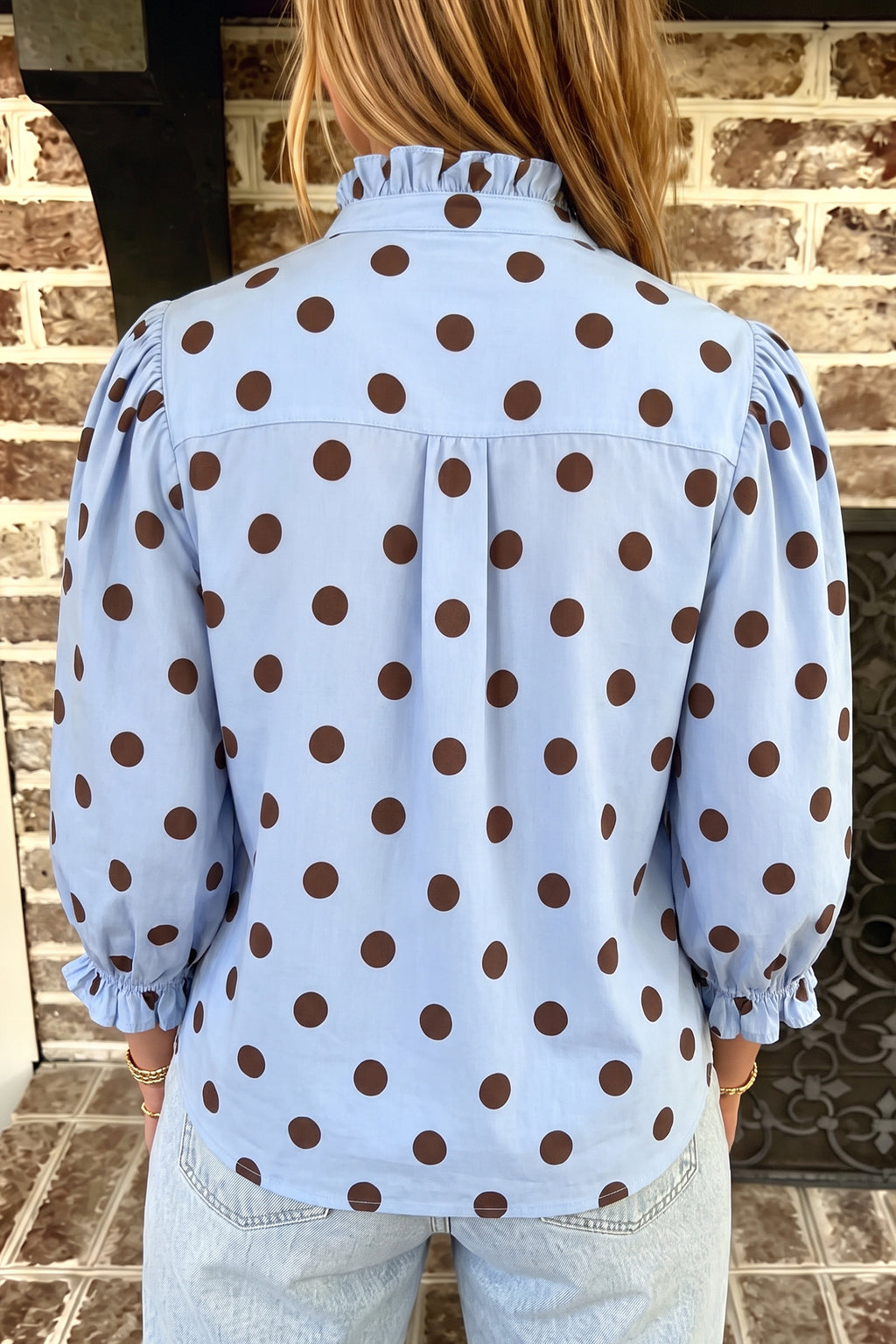 Sky Blue Polka-Dot Striped Print Ruffle Stand Neck 3/4 Sleeve Shift Shirt