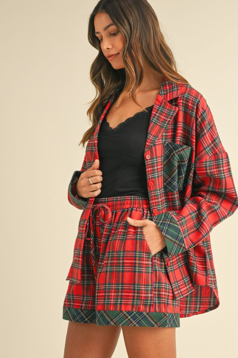 Hazel Blues® |  Annie Wear Contrast Plaid Long Sleeve Top and Shorts Set