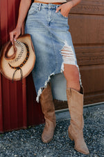 Hazel Blues® |  Myosotis Irregular Distressed Bottom Denim Midi Skirt