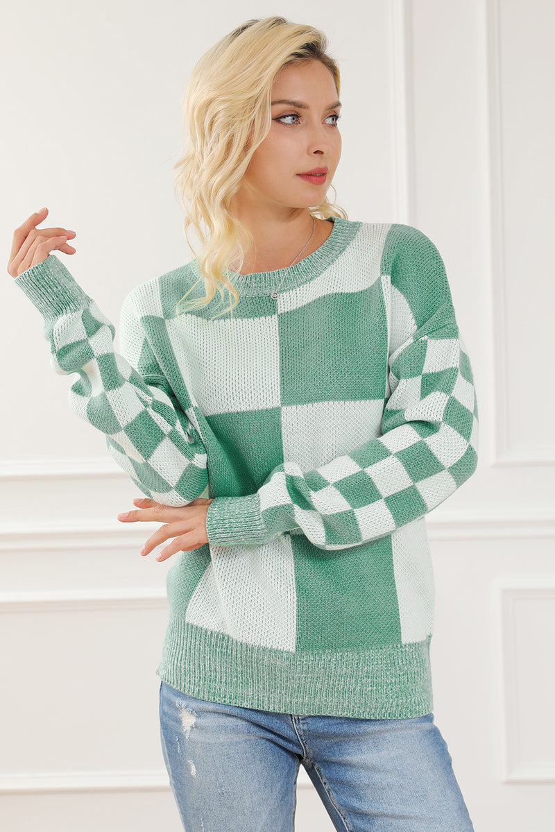 Hazel Blues® |  Checkered Drop Shoulder Long Sleeve Sweater