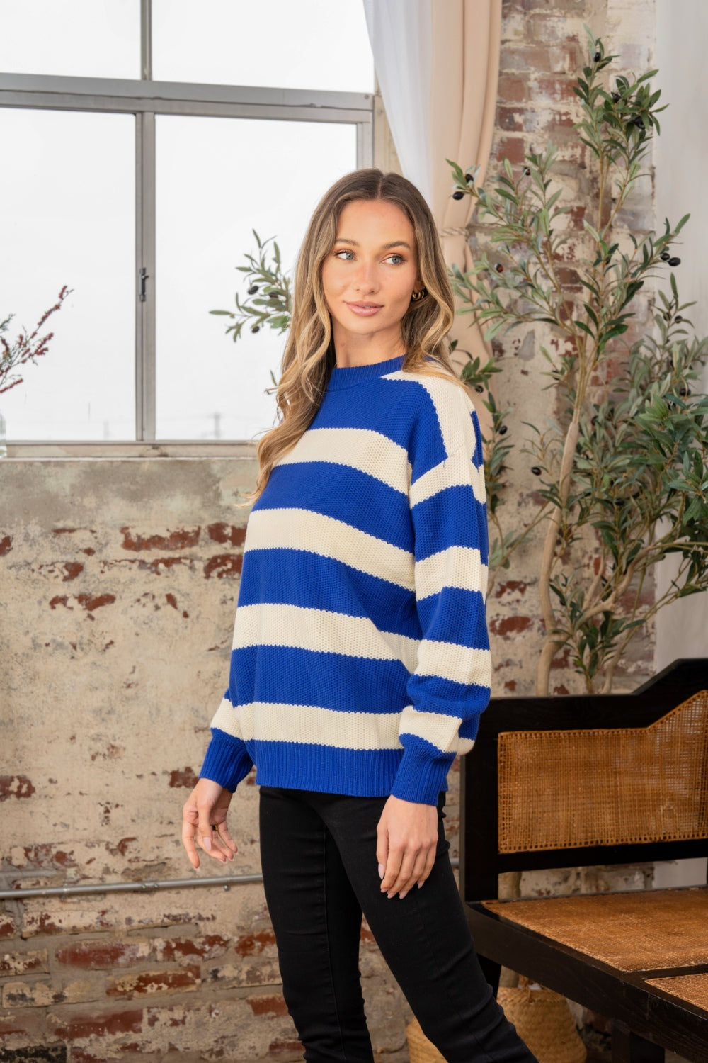 Hazel Blues® |  Sew In Love Contrast Striped Round Neck Sweater