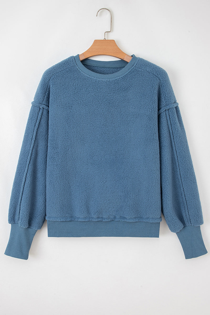 Hazel Blues® |  Sail Blue Fleece Drop Shoulder Exposed Seam Patchwork Casual Sweatshirt