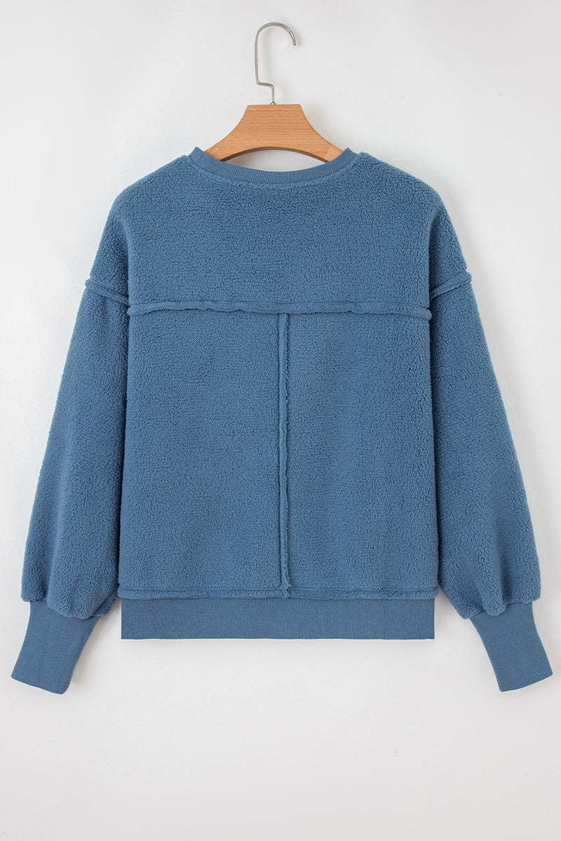 Hazel Blues® |  Sail Blue Fleece Drop Shoulder Exposed Seam Patchwork Casual Sweatshirt