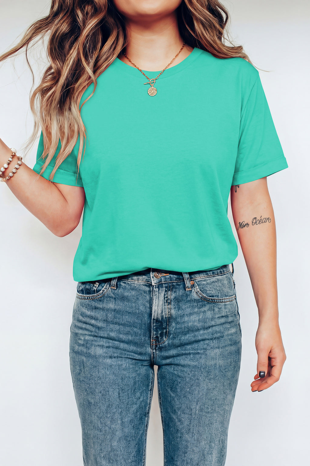 Mint Green Casual Plain Crew Neck Tee