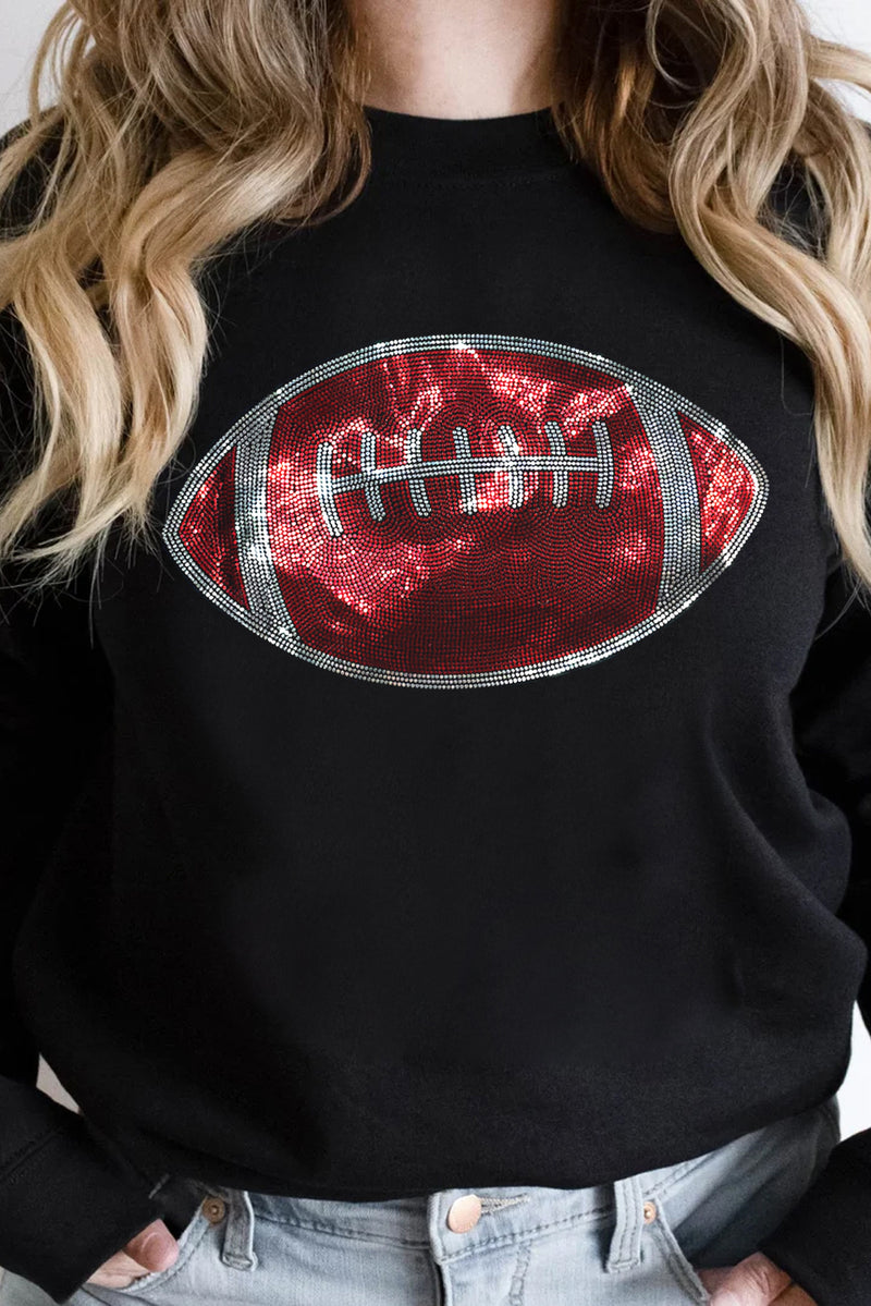 Hazel Blues® |  Black Rhinestone Football Pattern Crew Neck Pullover Sweatshirt