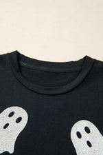 Hazel Blues® |  Black Glitter Ghost Pattern Crew Neck Halloween T Shirt