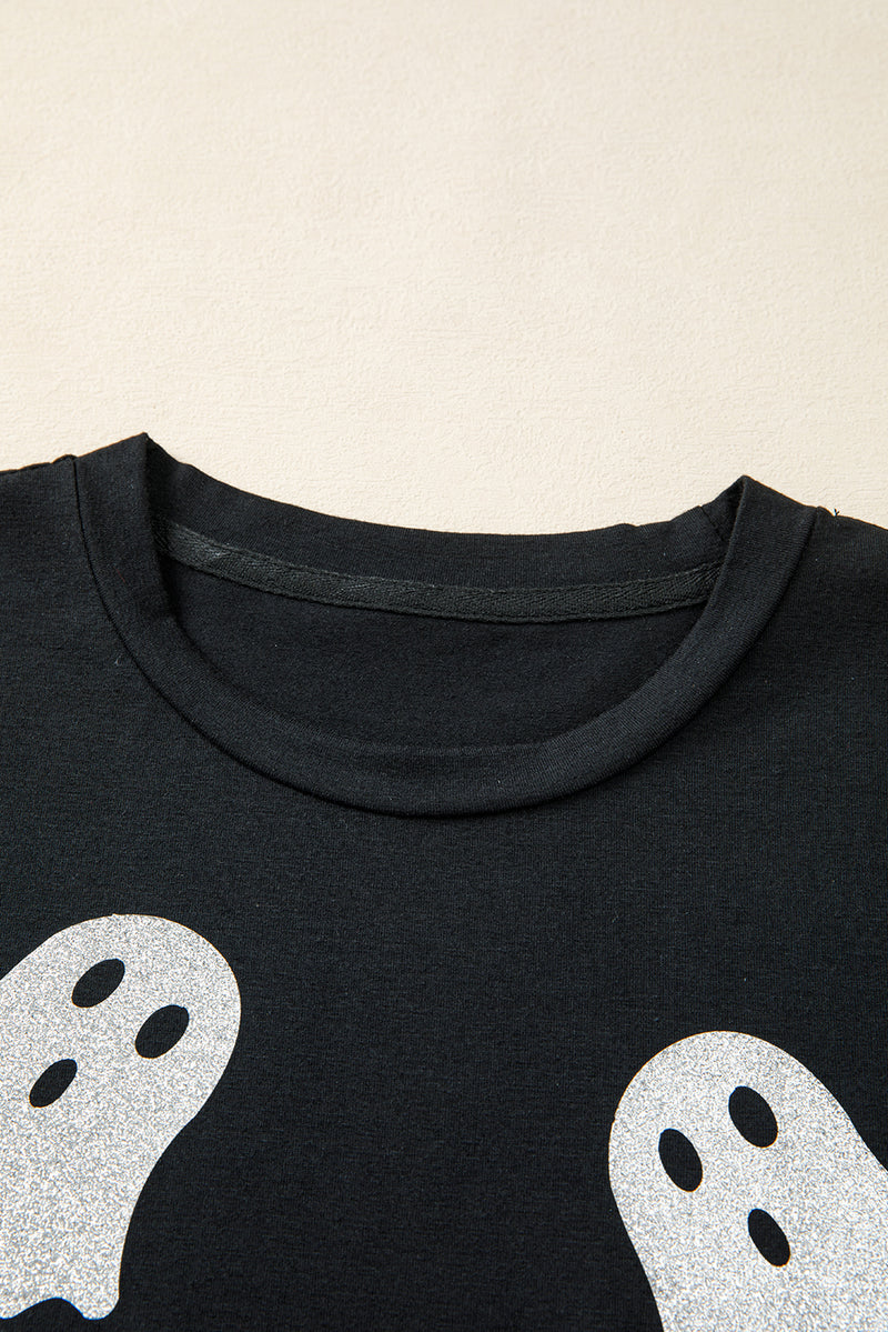 Hazel Blues® |  Black Glitter Ghost Pattern Crew Neck Halloween T Shirt