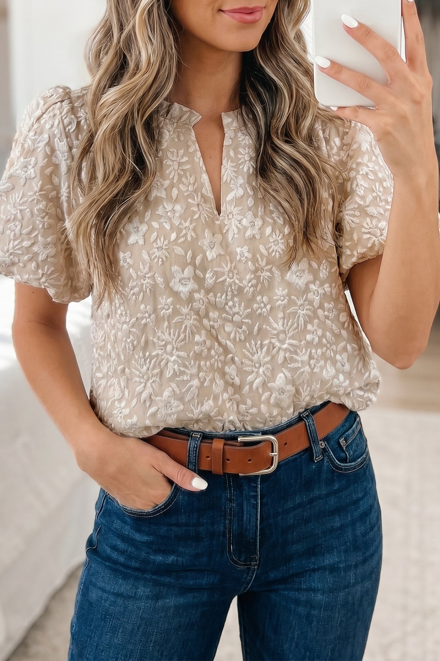 Apricot Pink Floral Textured Jacquard Puff Sleeve Blouse – Hazel