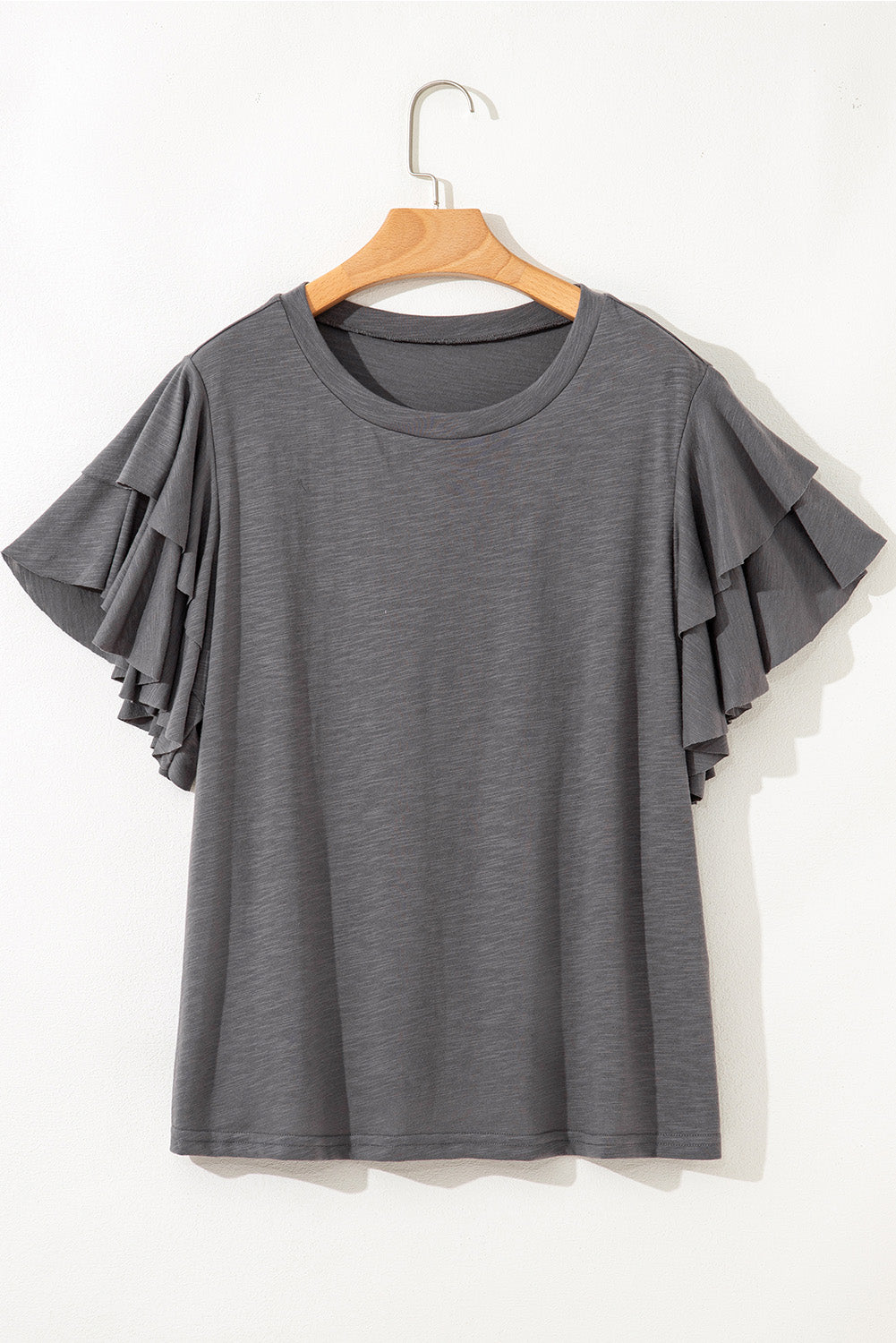 Hazel Blues® | Dark Grey Double Ruffled Short Sleeve Top