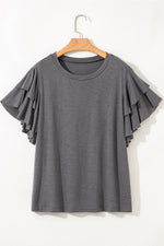 Hazel Blues® | Dark Grey Double Ruffled Short Sleeve Top