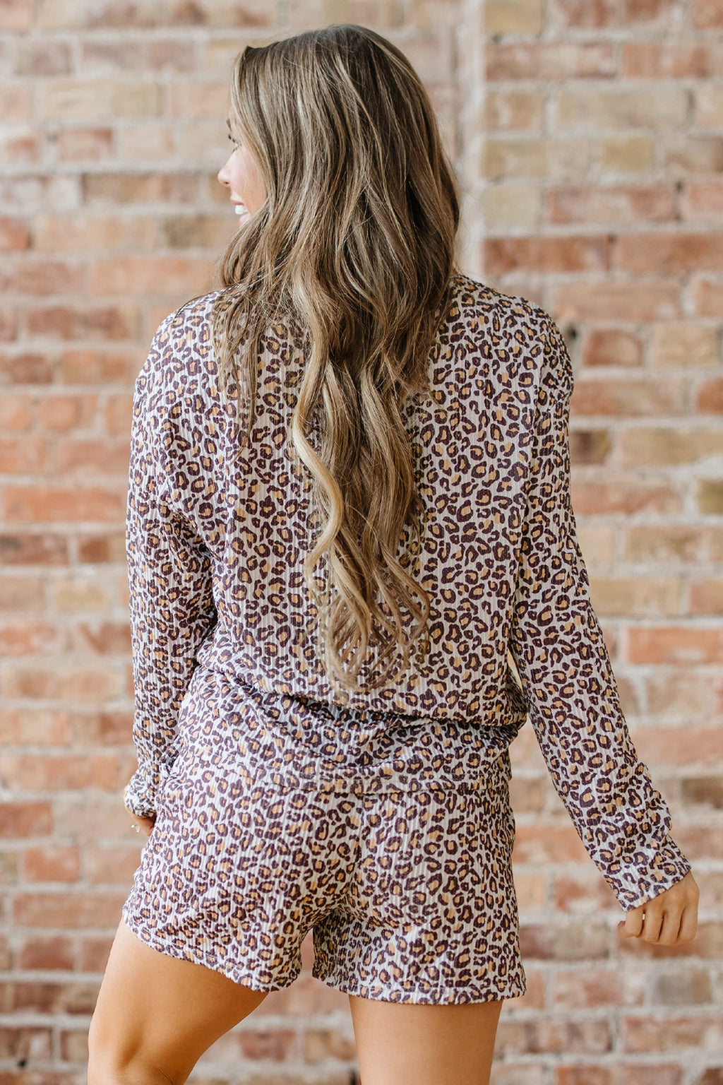 Leopard Ribbed Long Sleeve Top Drawstring Shorts Two-Piece Outfit | Leopard Ribbed Long Sleeve Shorts