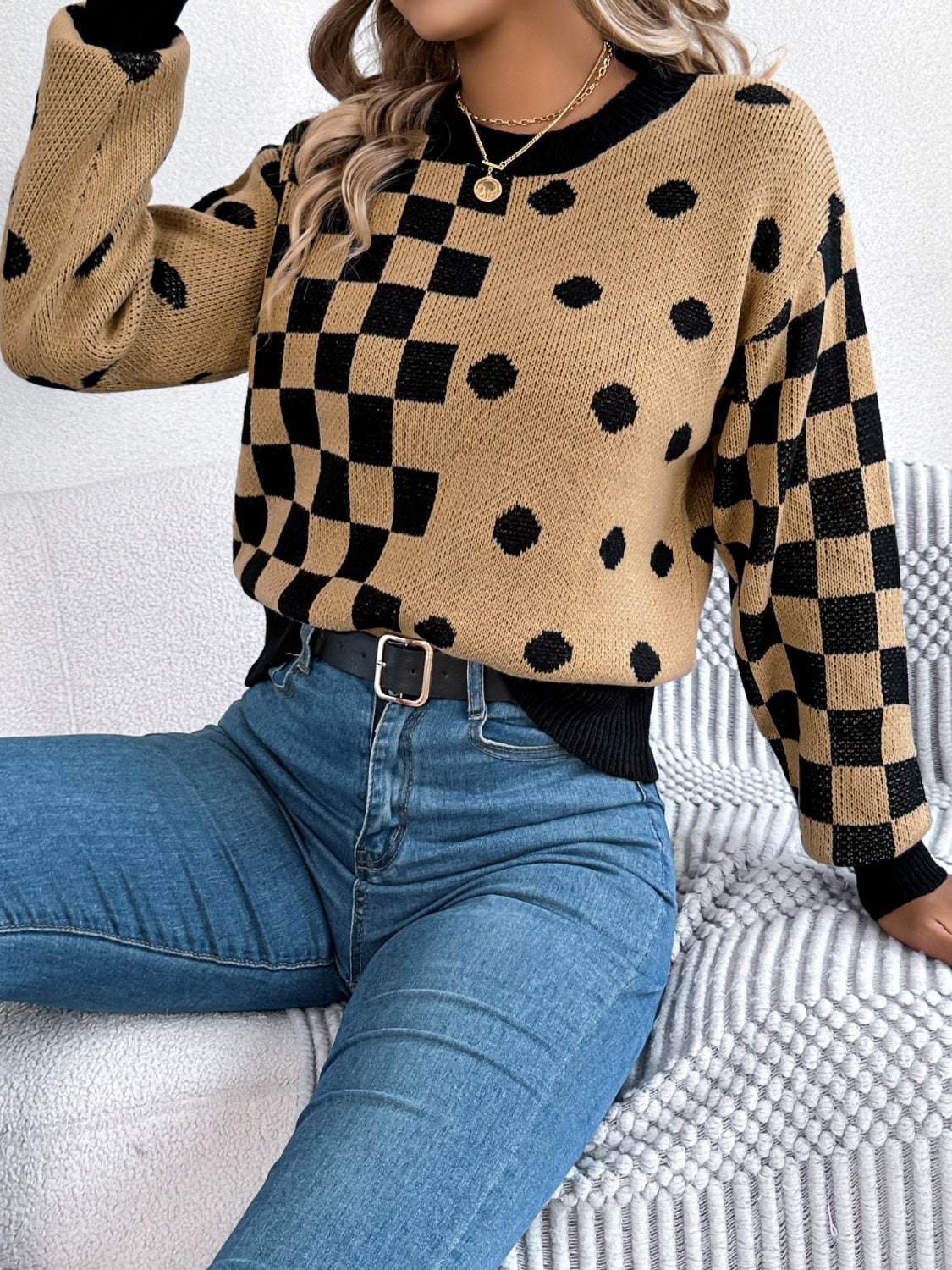 Hazel Blues® |  Plaid Round Neck Long Sleeve Sweater