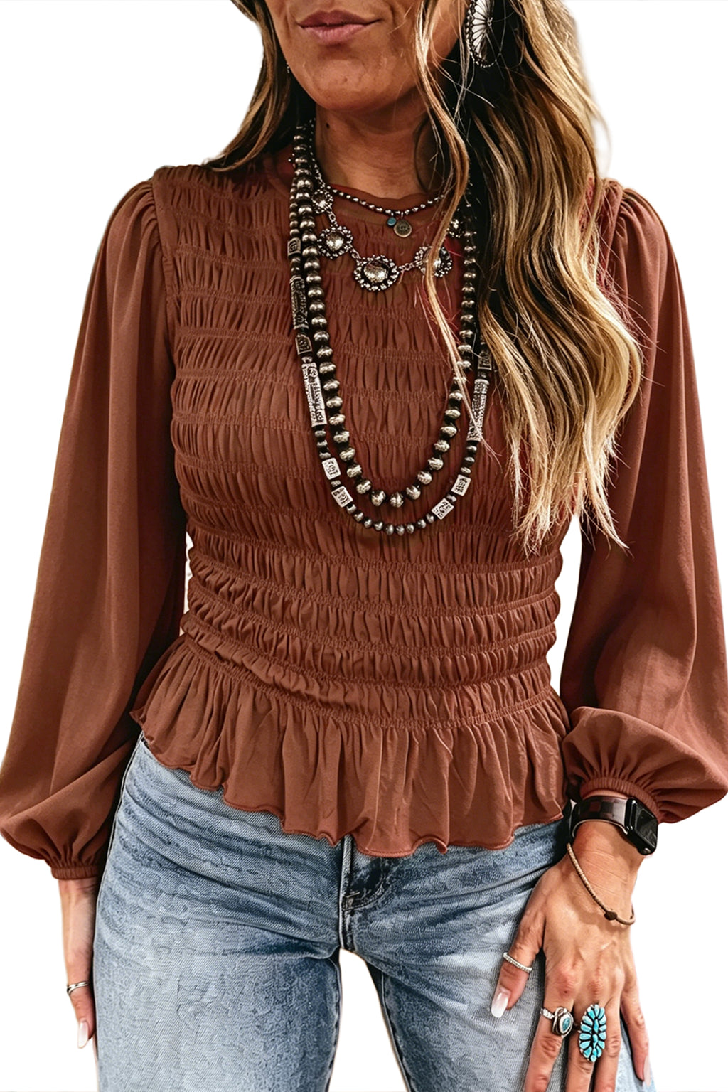 Clara Mae Smocked Blouse — Coffee