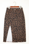 Hazel Blues® |  Brown Leopard Denim Frayed Split Denim Midi Skirt