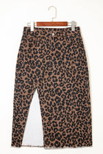 Hazel Blues® |  Brown Leopard Denim Frayed Split Denim Midi Skirt