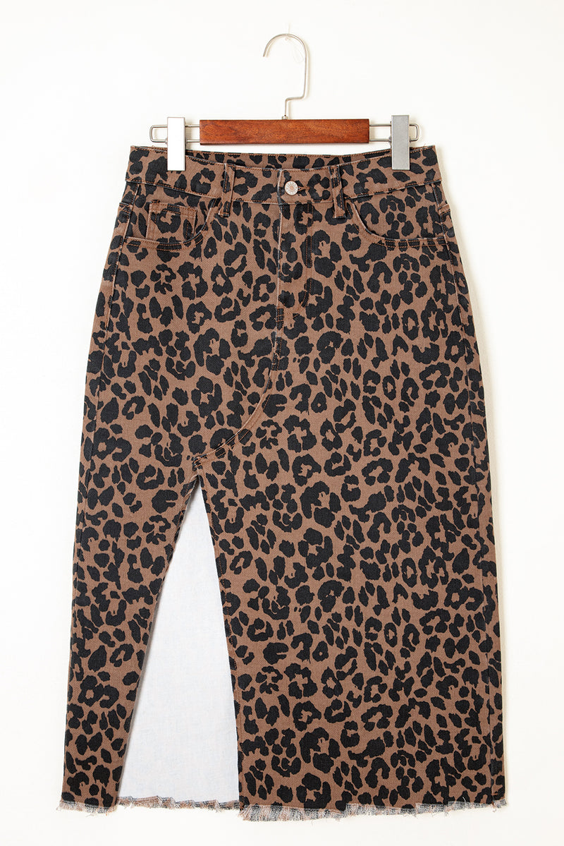 Hazel Blues® |  Brown Leopard Denim Frayed Split Denim Midi Skirt