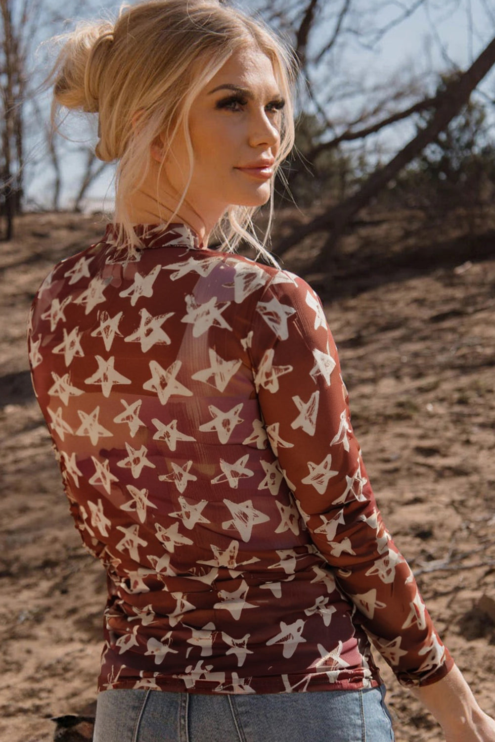 Hazel Blues® |  Red Mesh Star Print Mock Neck Sheath Long Sleeve Top