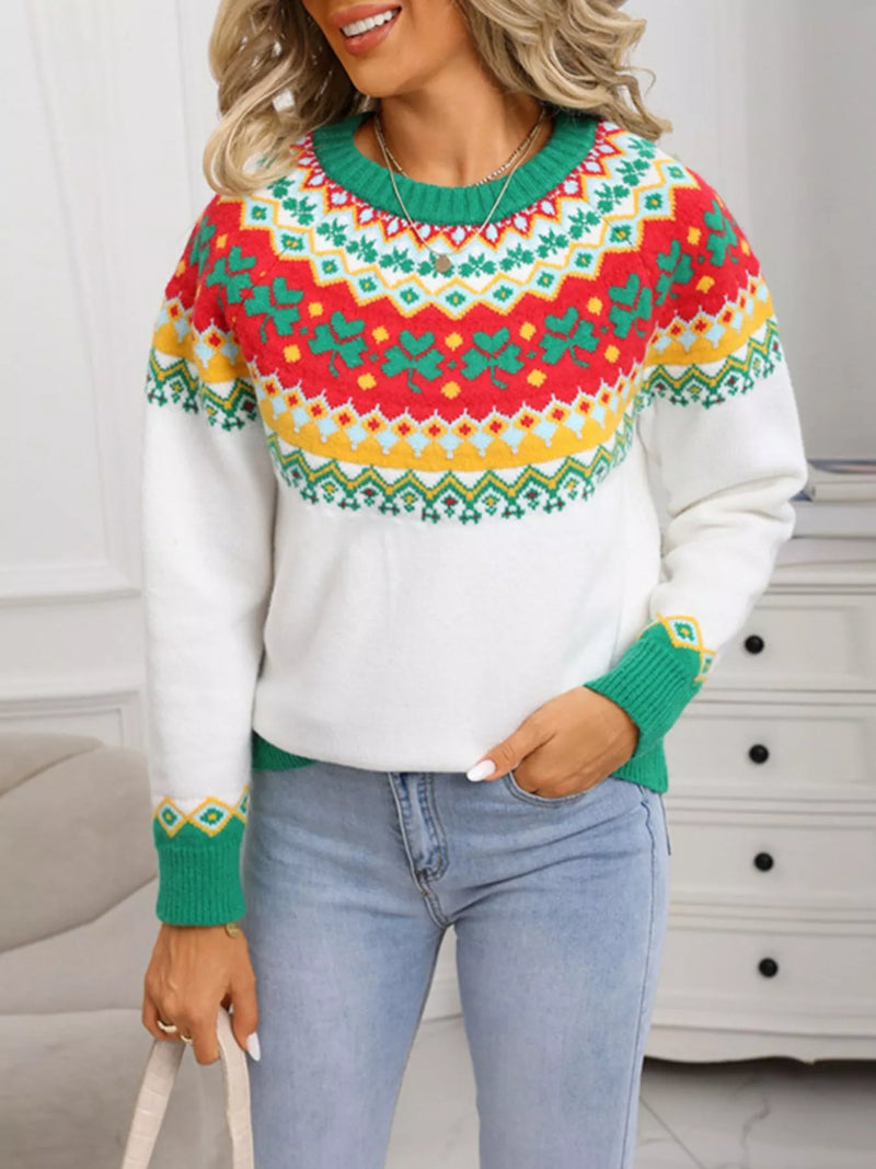 Hazel Blues® | Clover Pattern Round Neck Knitted Sweater