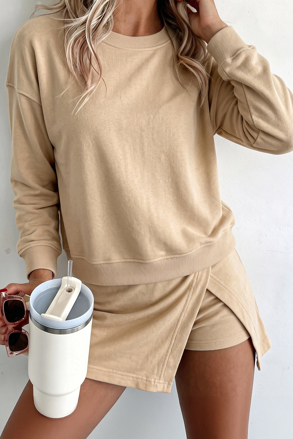 Top Split Long Sleeve Skort Two-Piece Outfit