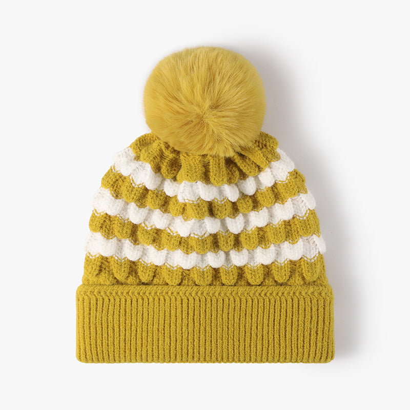 Hazel Blues® |  Striped Contrast Knit Hat with Pom-pom