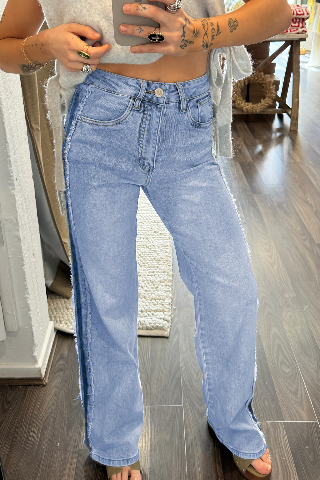 Contrast Stripe Frayed Side Panel Patchwork Shift Jeans | Striped Patchwork Frayed Jeans
