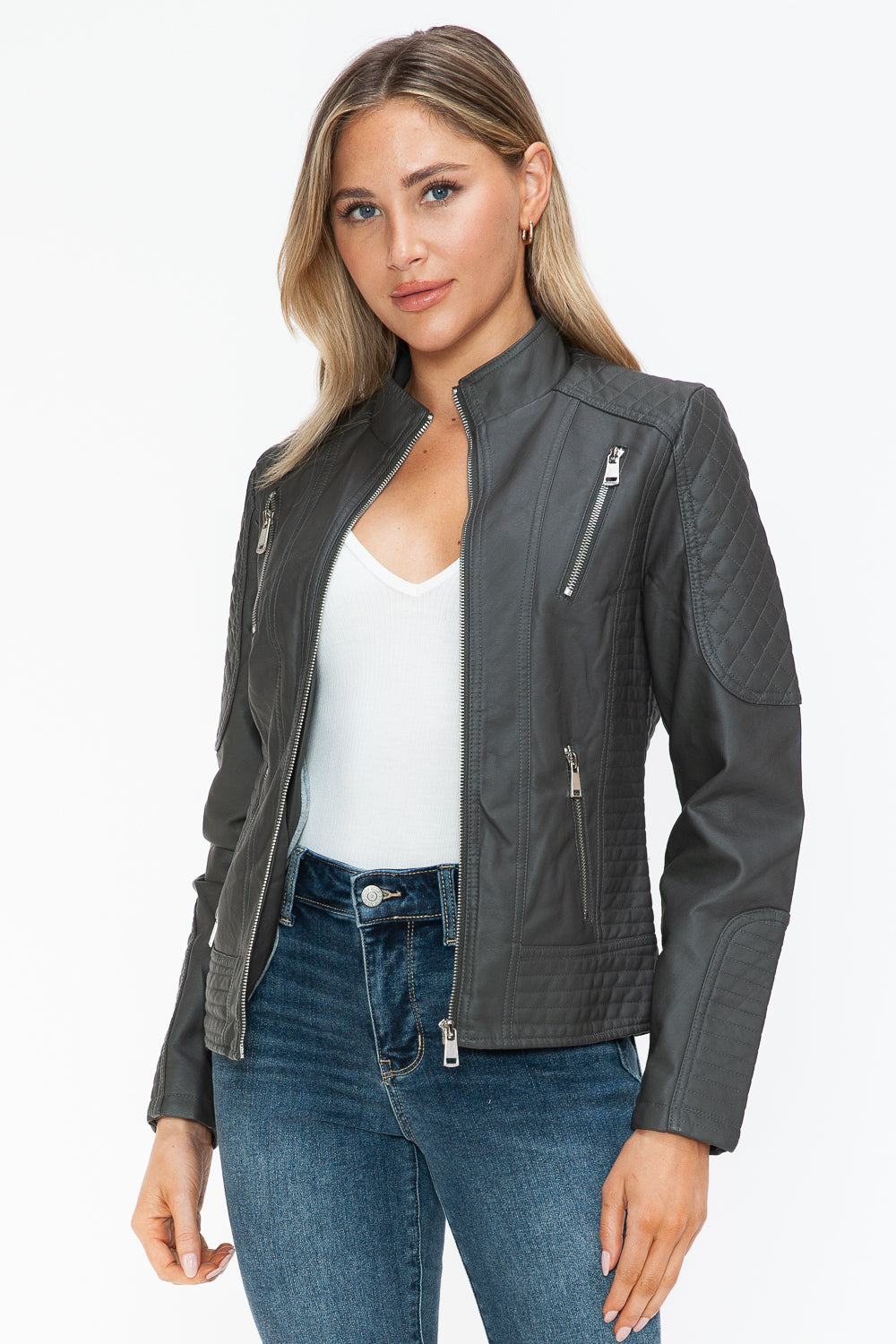 Hazel Blues® |  Snobbish Faux Leather Zip Up Mock Neck Jacket