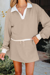 Hazel Blues® |  Parchment Raw Edge Detail Colorblock Patchwork Cropped Pullover Drawstring Skirt Set
