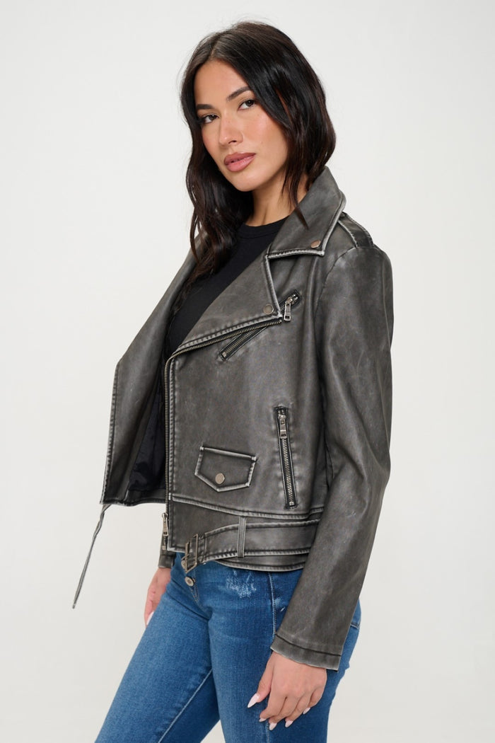 Hazel Blues® |  Coalition LA Zip Up Biker Jacket with Belt