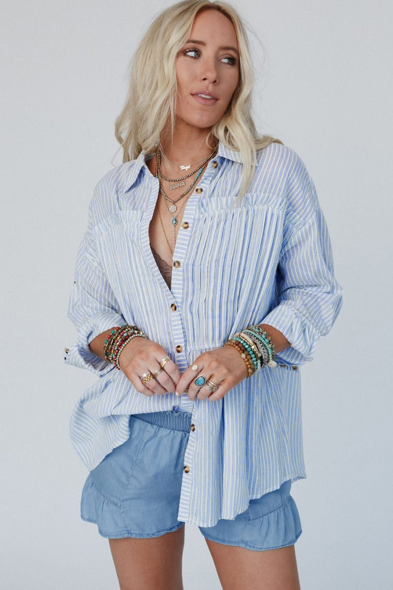 Hazel Blues® |  High-Low Striped Collared Neck Long Sleeve Shirt