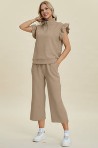 Hazel Blues® |  Double Take Texture Ruffle Short Sleeve Top and Wide Leg Pants Set